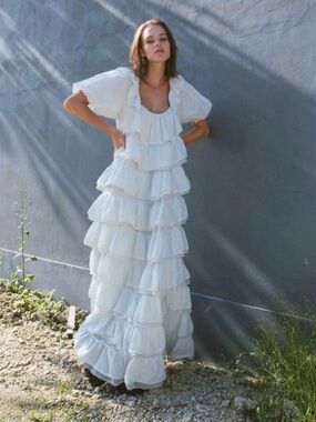 NWT Innika Choo Puff Sleeve Tier Frill Ruffle Maxi Dress Light Blue Size Large